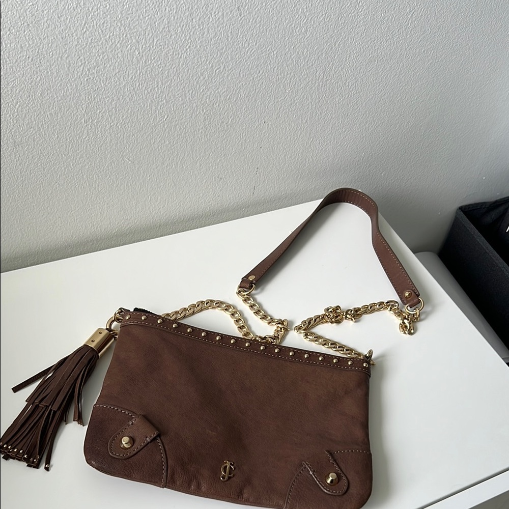 Juicy Couture Genuine Leather Brown and Gold Shoulder Bag with Tassel Accents